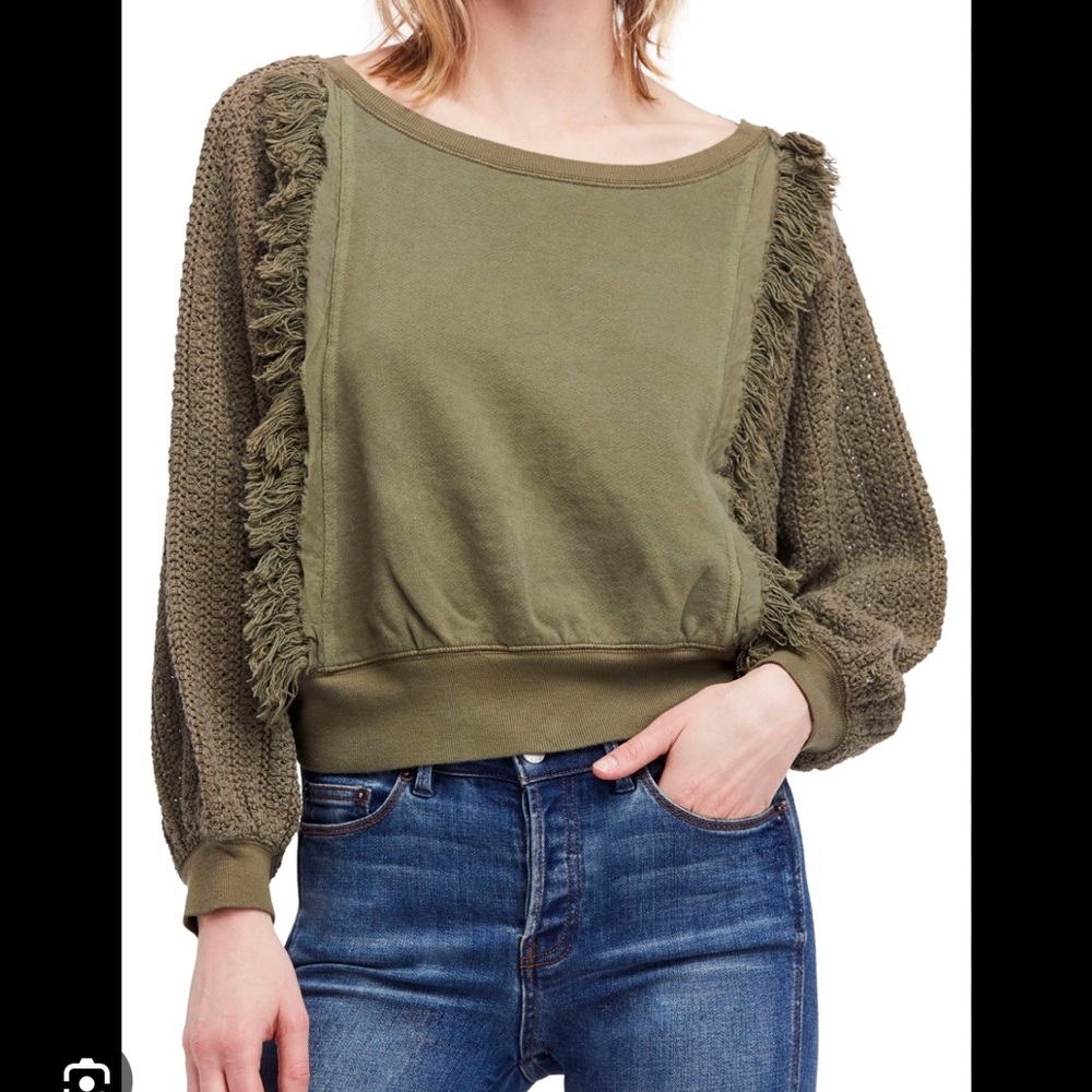 Free People Olive Green Crewneck Sweater with Fringe & Knit Sleeves